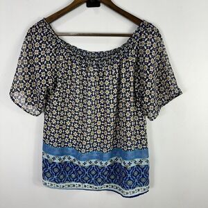 Calliope Boho Blouse Small Blue Off Shoulder Top Mosaic Sheer Cottage Resort
